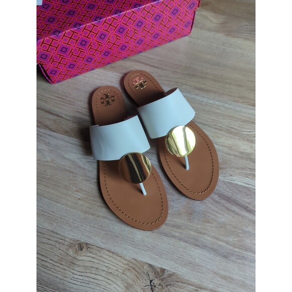 Tory Burch Shoes - Tory Burch Patos Disk Thong Sandals White Gold Womens 9.5